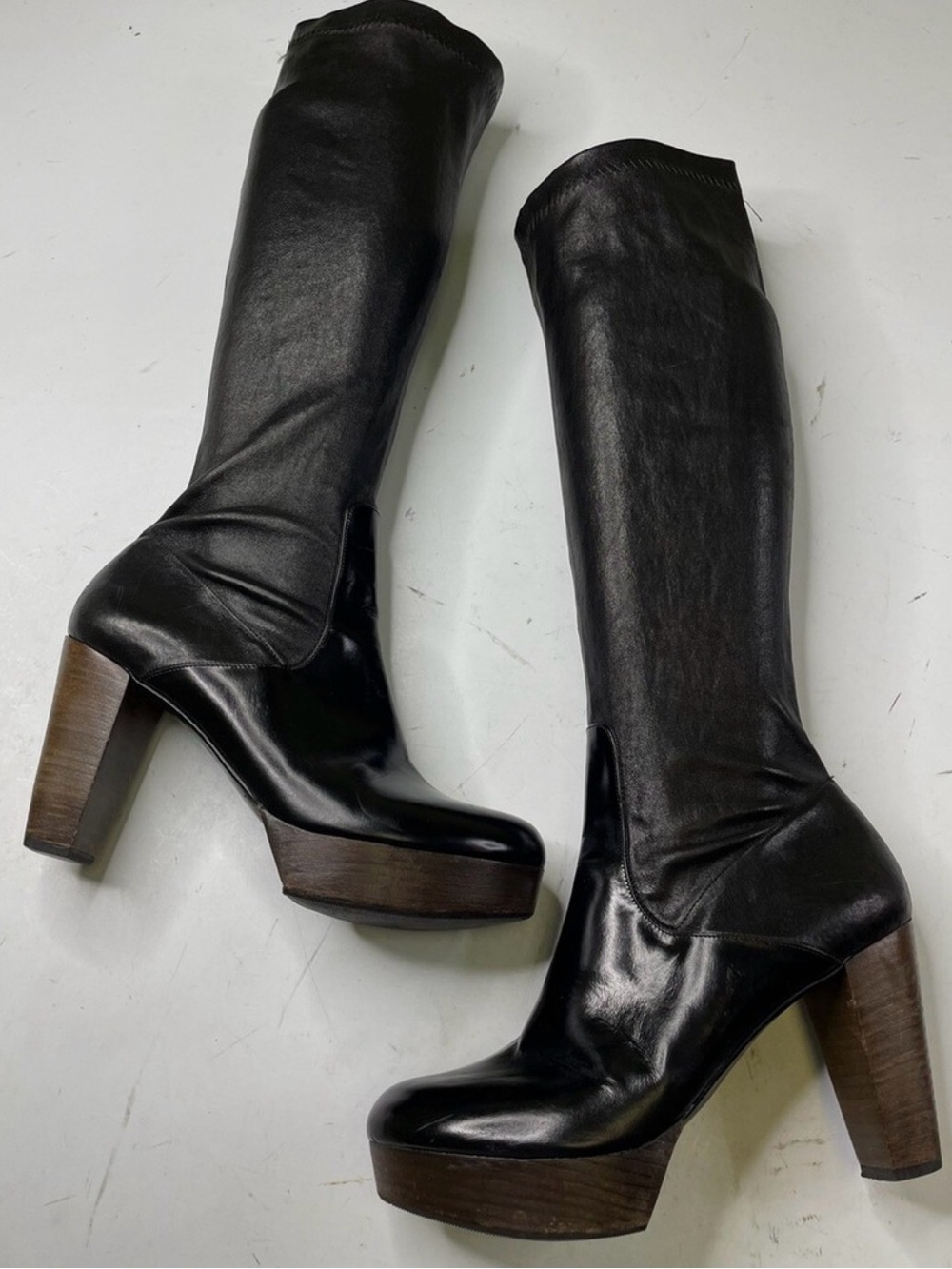 Vintage ROBERT CLERGERIE PARIS Black Stretch Leather Wood Heel Knee High Boots